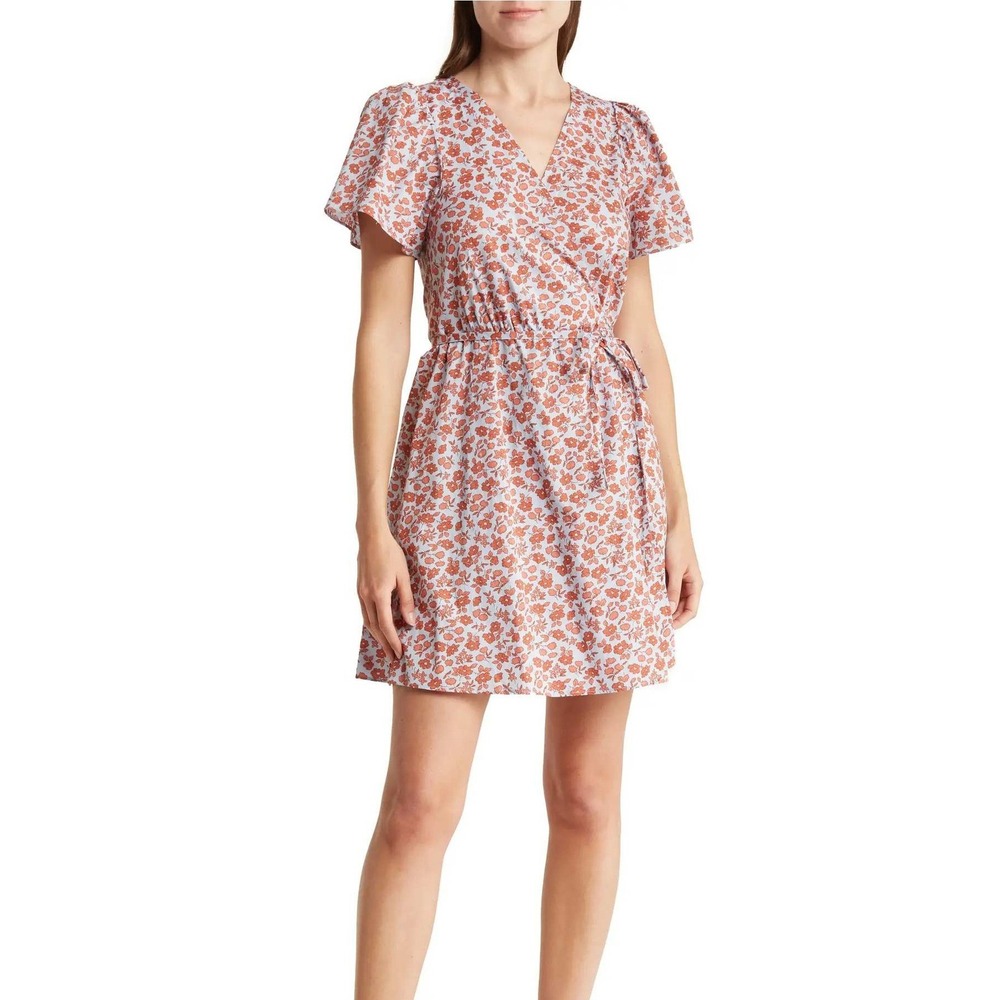 Madewell Fiore Floral Short Sleeve Cotton Wrap Dress Blue Orange‎ XS
